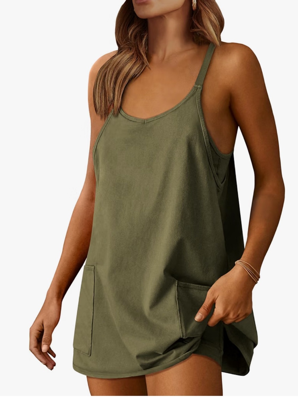 Olive Green Mini Tank Dress/Built-in Romper Bra & Shorts Patch Pockets, M
